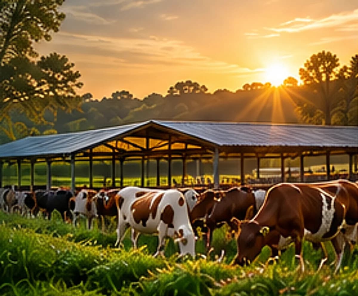 Cattle grazing at the Abul Kalam Agro farm at sunrise